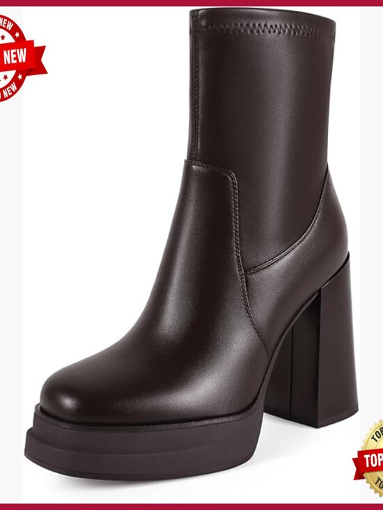 Shoes - Chunky High Heel Platform Ankle Booties Square Toe Stretchy Side Zip Combat